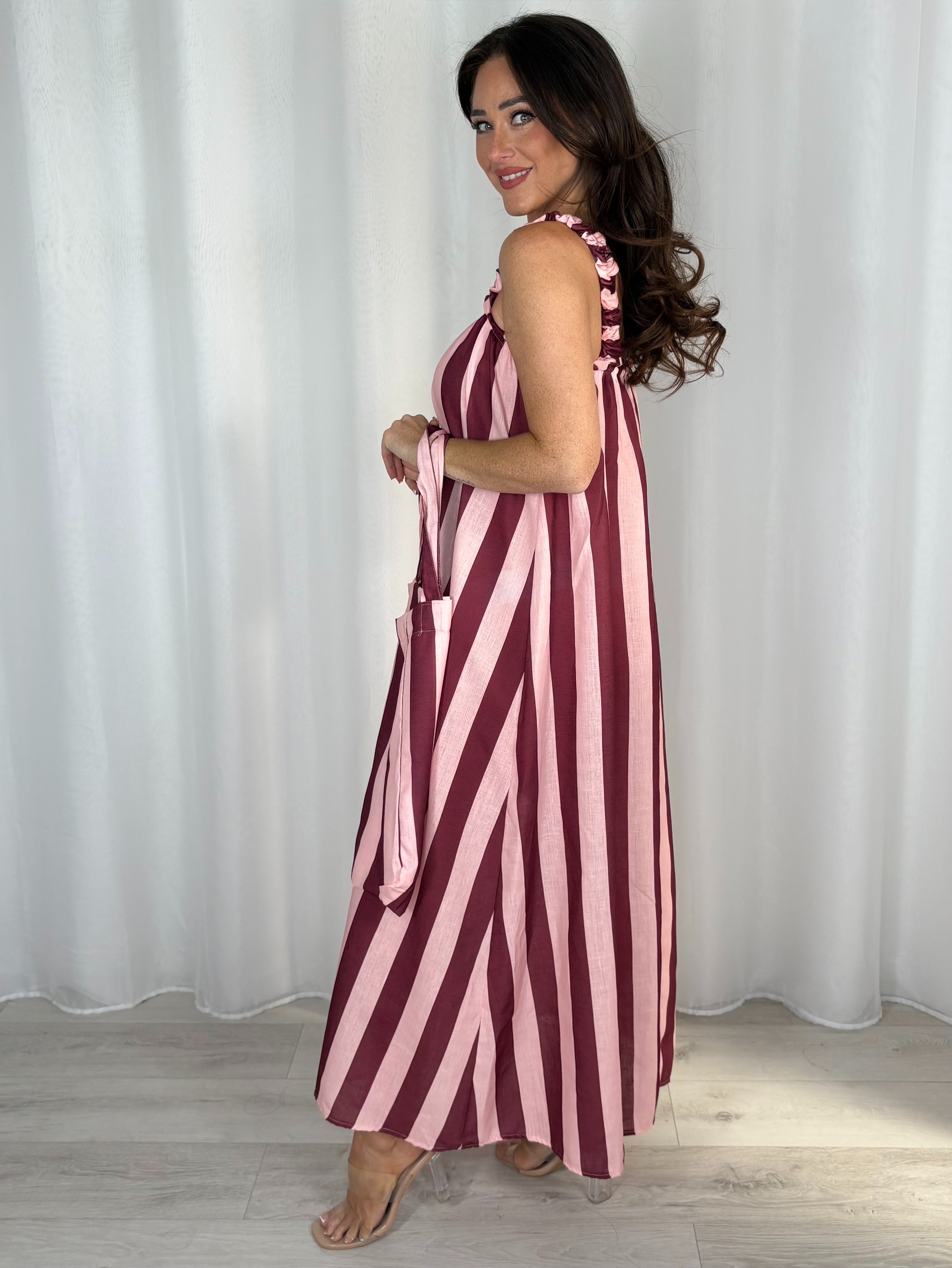 Striped Cotton Maxi Dress With Bag (4 Colours)