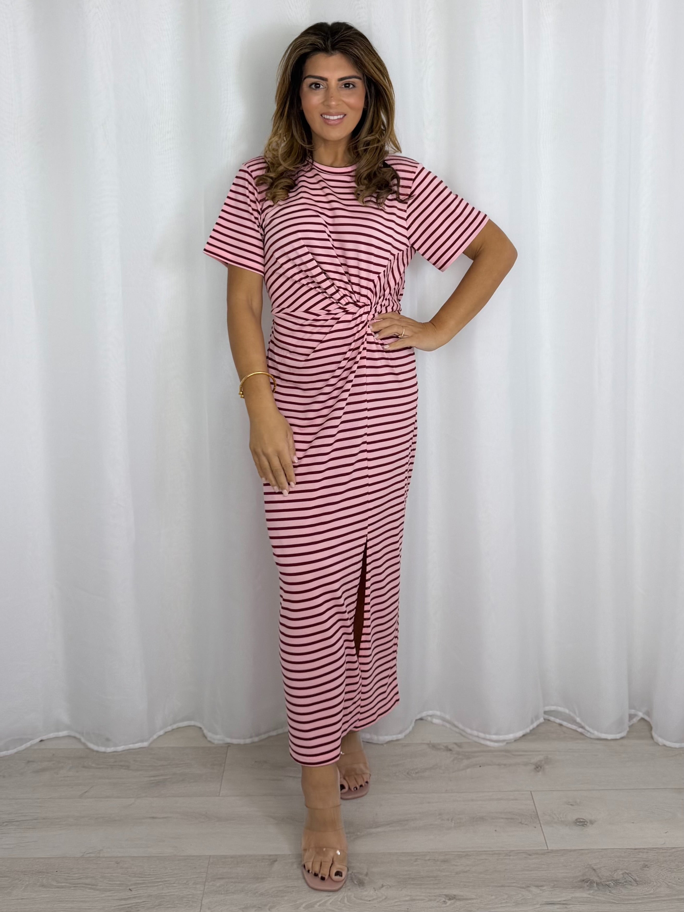 Pink Striped Knot T-Shirt Dress