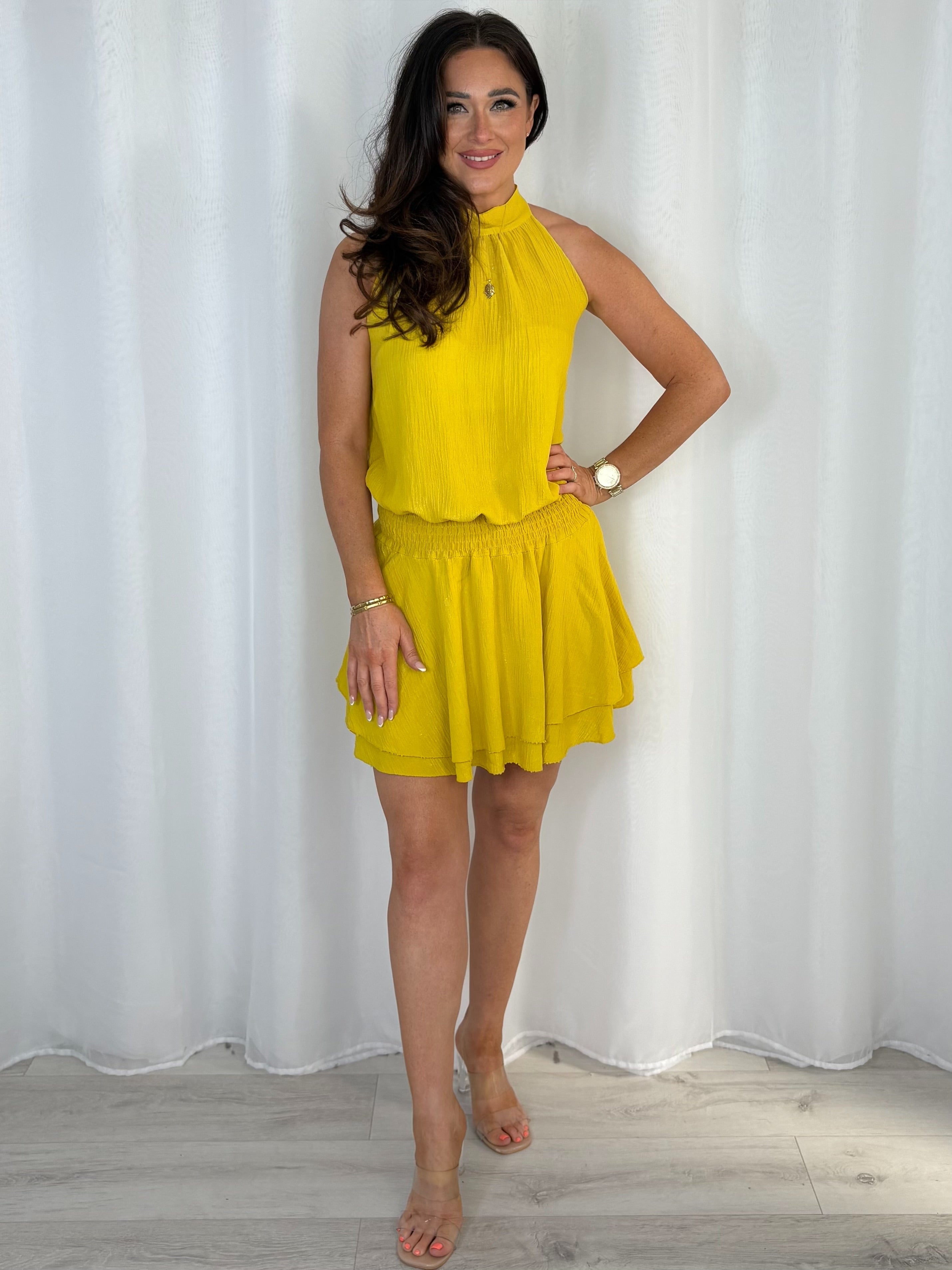 Halter Neck Crinkle/Shimmer Mini Dress (7 Colours)