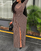 Geometric Print Long Sleeve Waist Tied Detail Maxi Dress Casual Slim Fit Slit Vacation Dress