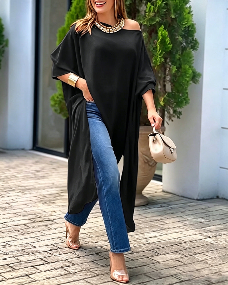 Women's Skew Neck Batwing Sleeve Tee Asymmetric Loose Cape Blouse Slit Elegant Top