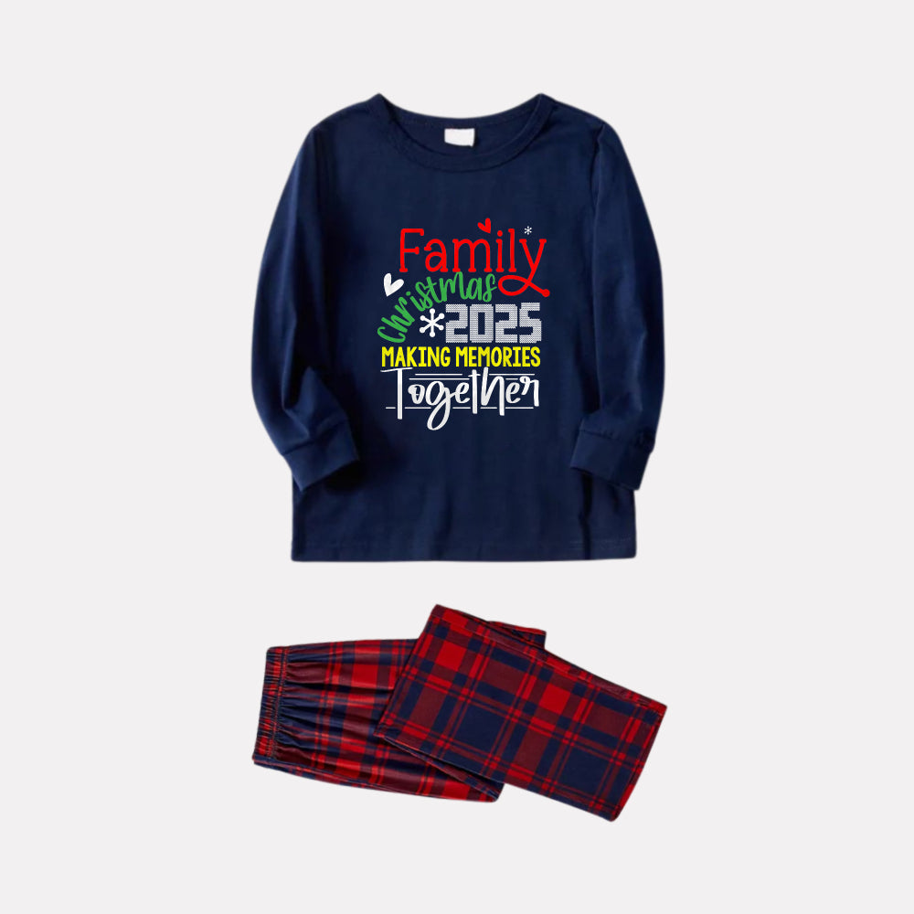 Christmas Family Matching Pajamas-Navy & Red Plaid Pjs Set with "Family Christmas 2025 Making Memories Together" Slogan Print