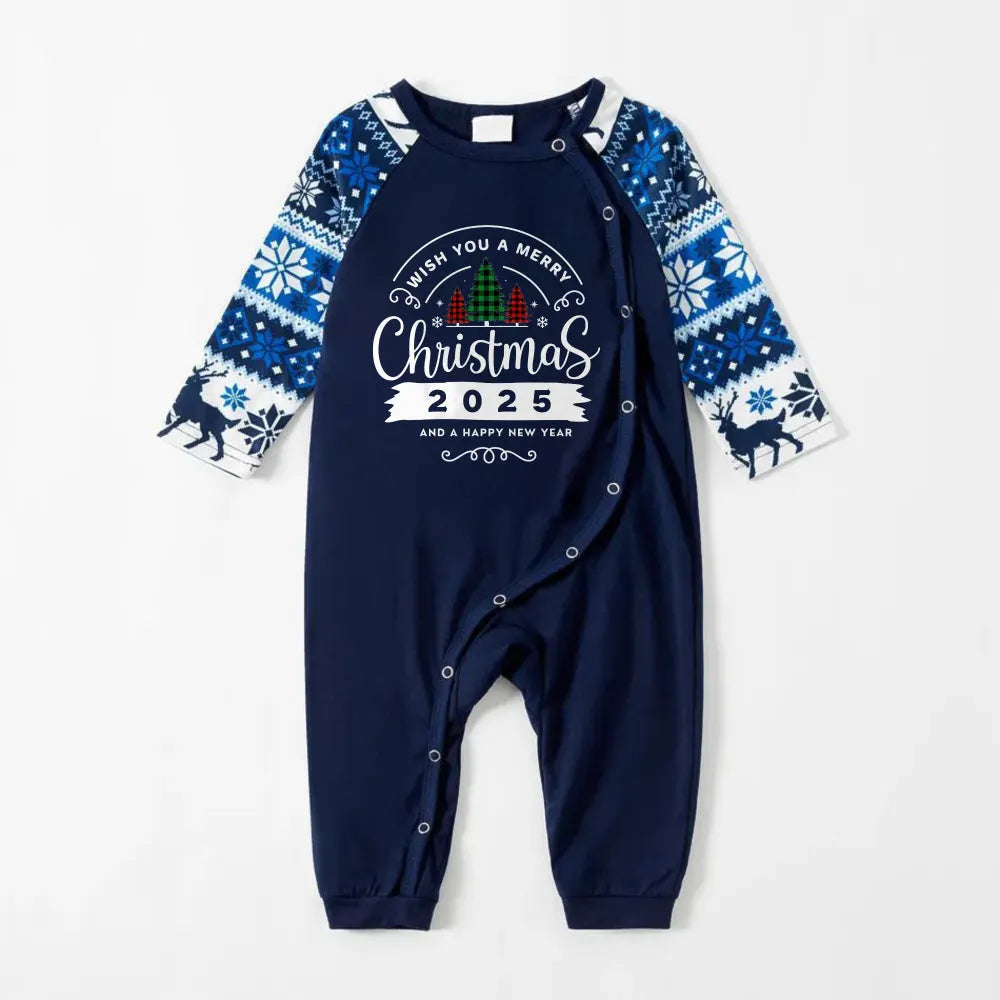 Joyful Blue Christmas Pajamas Set With With "Wish You A Merry Christmas 2025 and Happy New Year" Print
