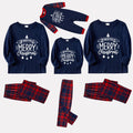 Christmas Family Matching Pajamas-Navy & Red Plaid Pjs Set with "We Wish You A Merry Christmas" Slogan Print