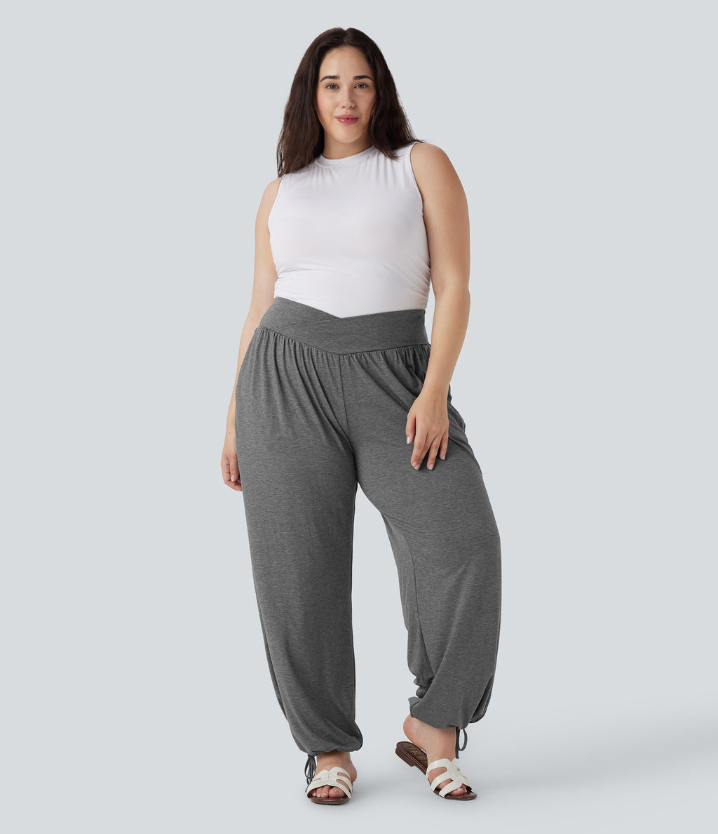 Plus Size Crossover High Waisted Drawstring Casual Joggers with Pockets