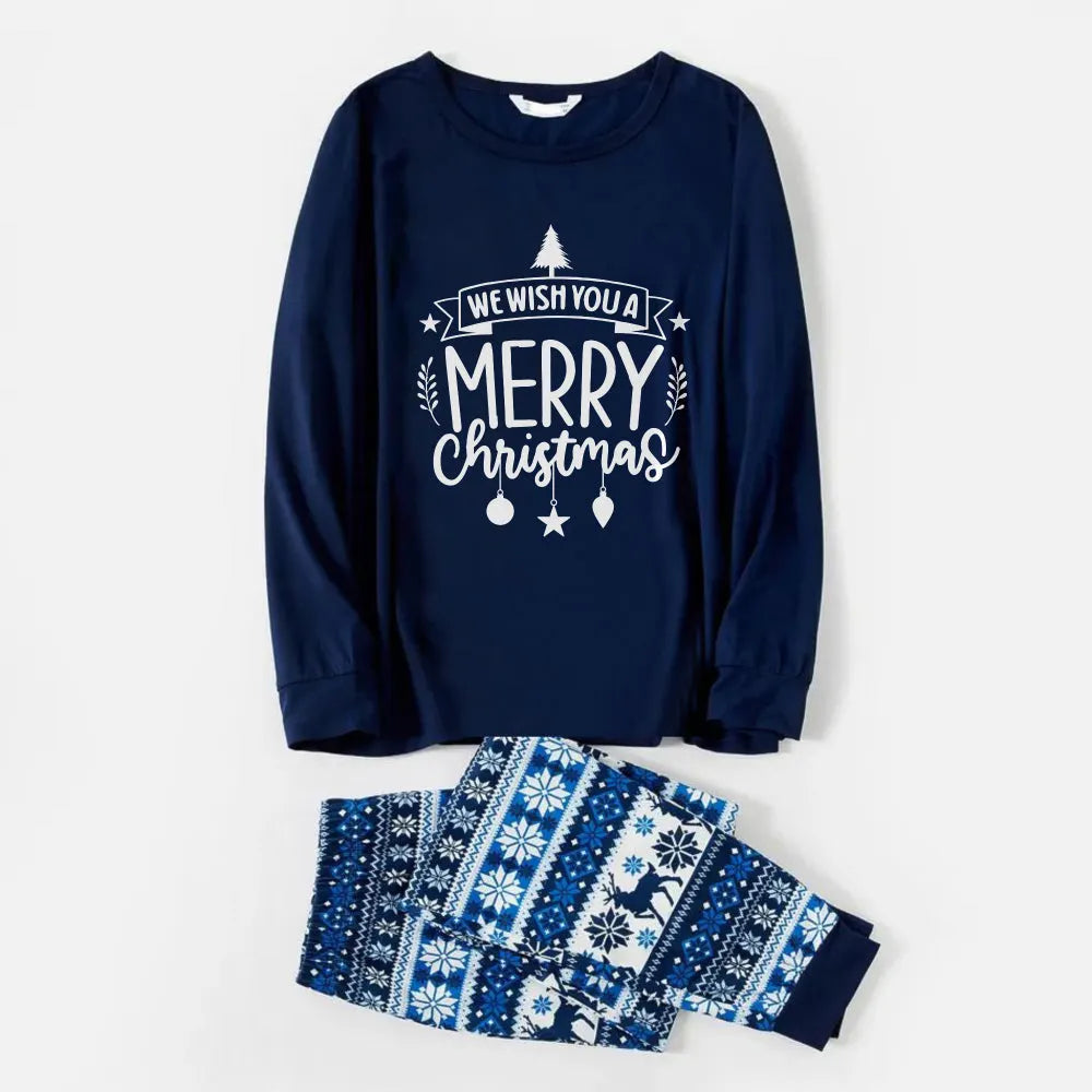 Joyful Blue Christmas Pajamas Set With Christmas Text Print