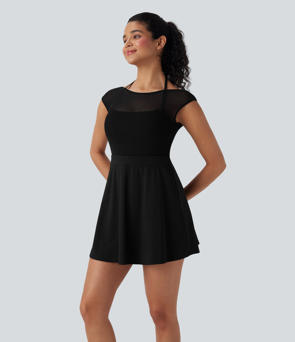 SoftlyZeroTM Airy Halter Adjustable Buckle Contrast Mesh Cool Touch Yoga Active Dress-Easy Peezy-UPF50+