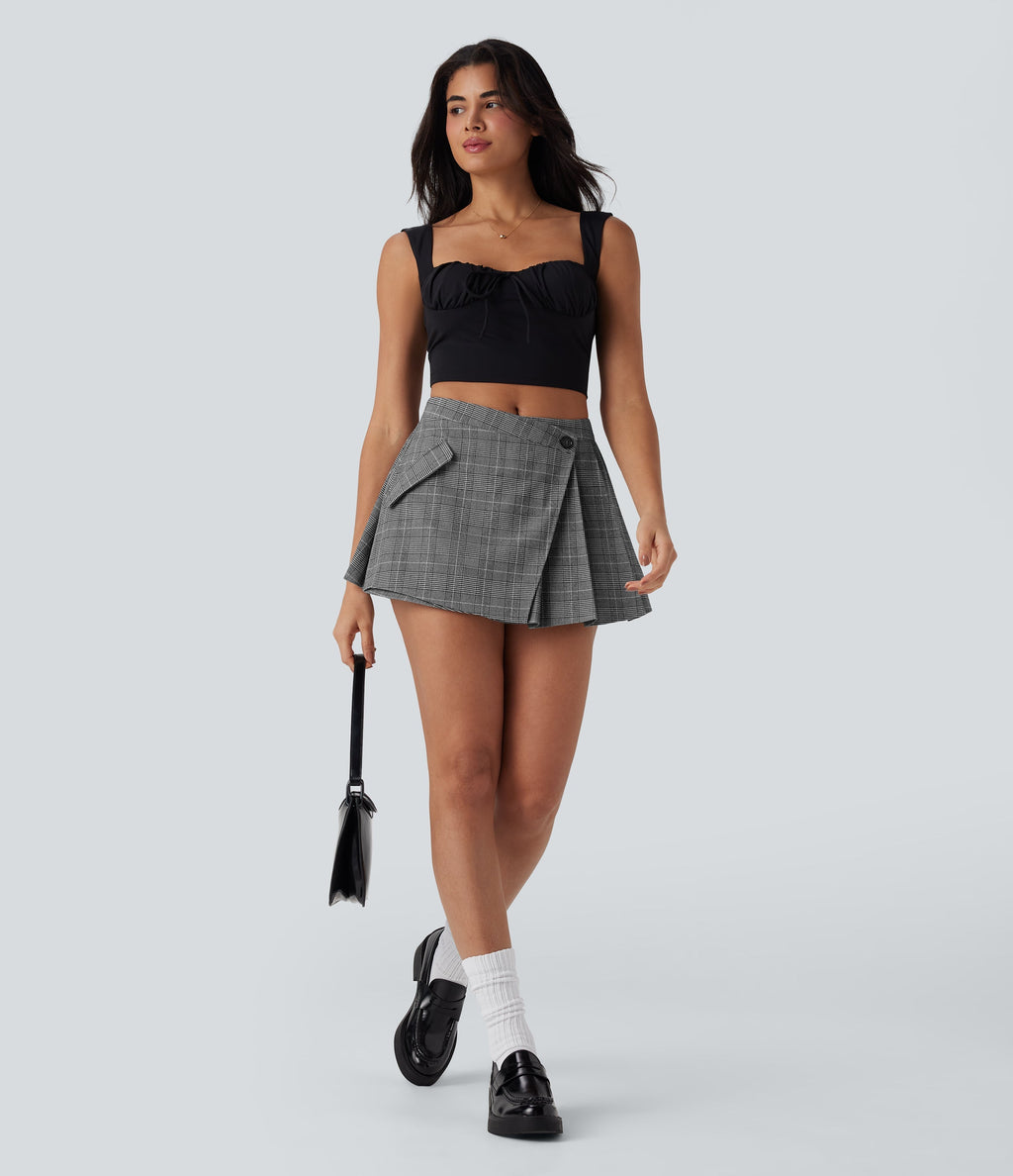 Mid Rise Pleated 2-Piece Houndstooth Mini Casual Skirt with Pockets