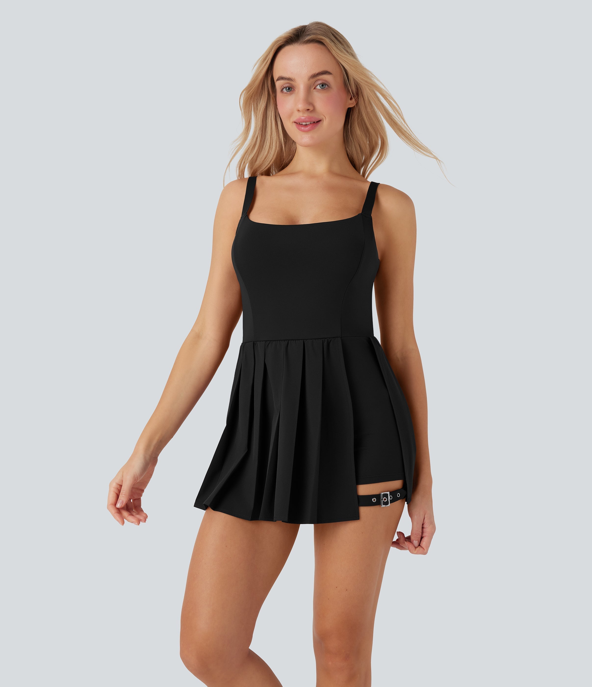 BreezefulTM Pleated Adjustable Buckle 2-in-1 Micro Mini Quick Dry Casual Slip Dress with Pocket-Easy Peezy
