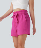 Paper Bag High Waisted Tie Front Casual Cotton Shorts with Pockets