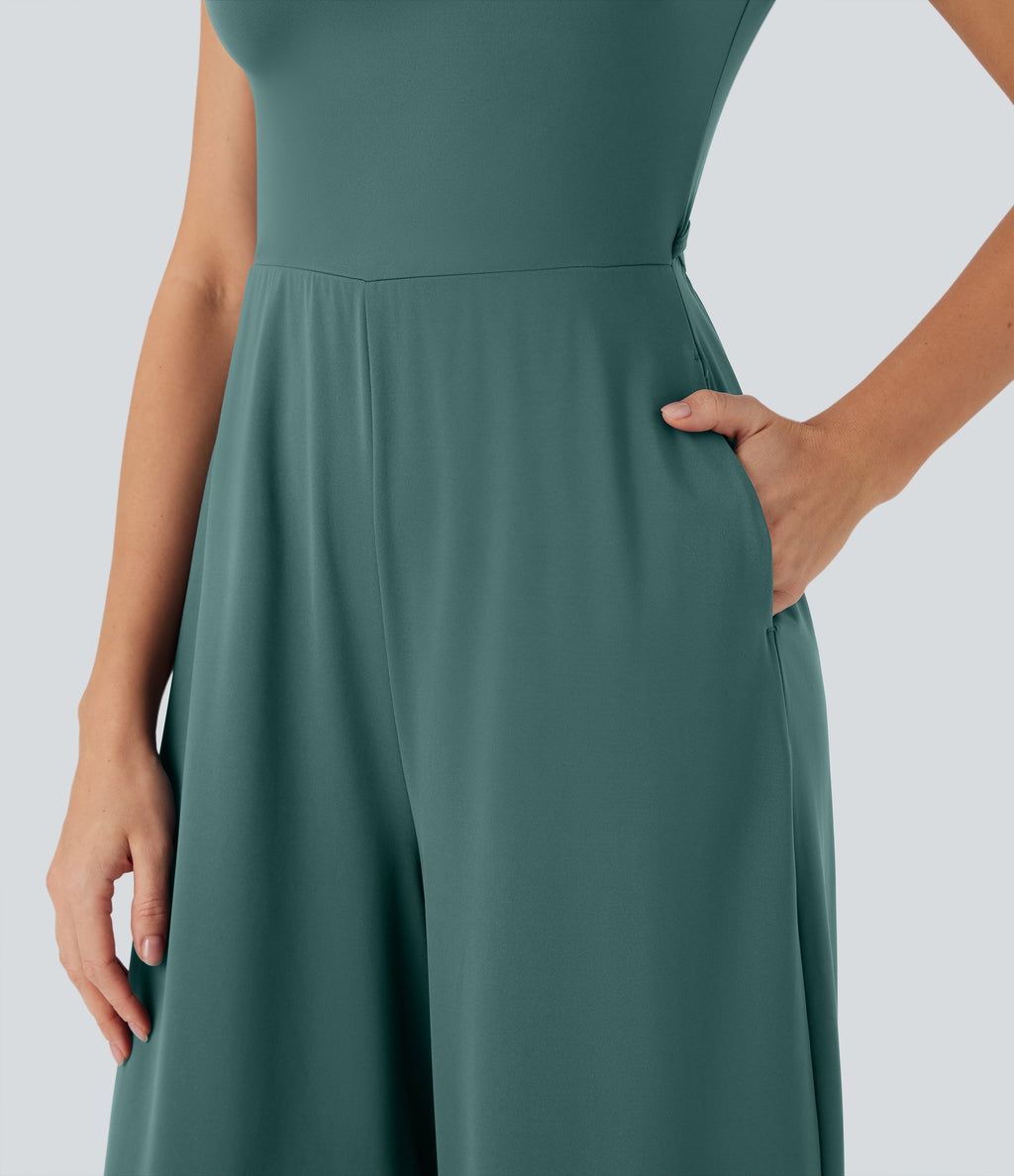SoftlyZeroTM Airy Short Sleeve Wide Leg Cool Touch Yoga Jumpsuit with Pockets-Easy Peezy Edition