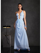 Daiki Halterneck Ruched Maxi Dress In Champagne