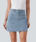 FlexTM Mid Rise A Line Stretchy Knit Denim Mini Casual Skirt with Pockets