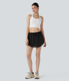 Mid Rise Drawstring 2-in-1 Contrast Mesh Mini Tennis Skirt with Pockets