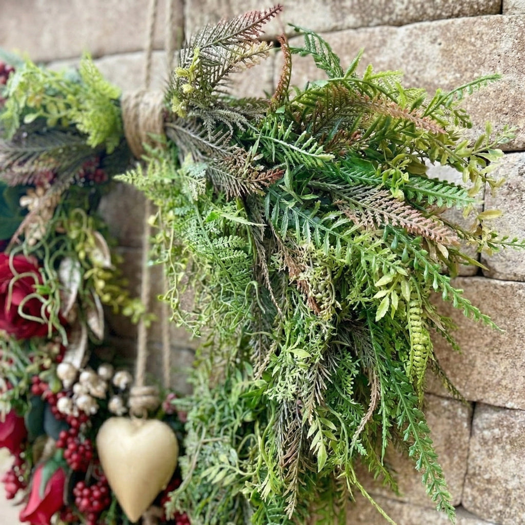 Farmhouse Valentine Heart Wreath with Gold Heart Bells, Red Roses & Berry Greenery (18" x 25")