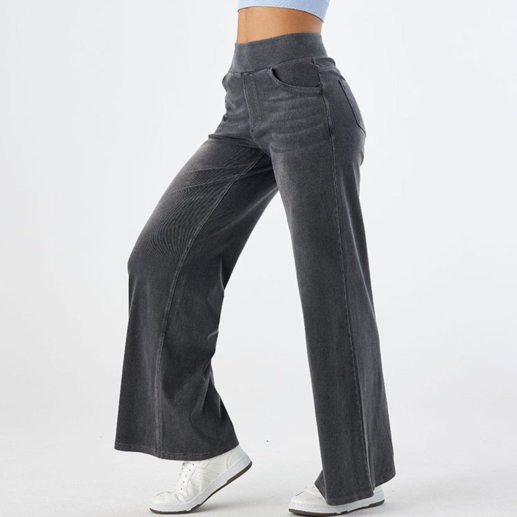 2026🔥 FlexTM High Waisted Multiple Pockets Baggy Wide Leg Washed Stretchy Knit Casual Jeans