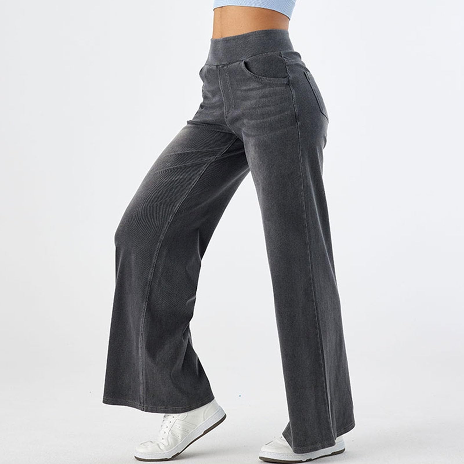 2026🔥 FlexTM High Waisted Multiple Pockets Baggy Wide Leg Washed Stretchy Knit Casual Jeans
