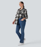 Plaid Curved Hem Casual Shirt Jacket with Flap Pockets