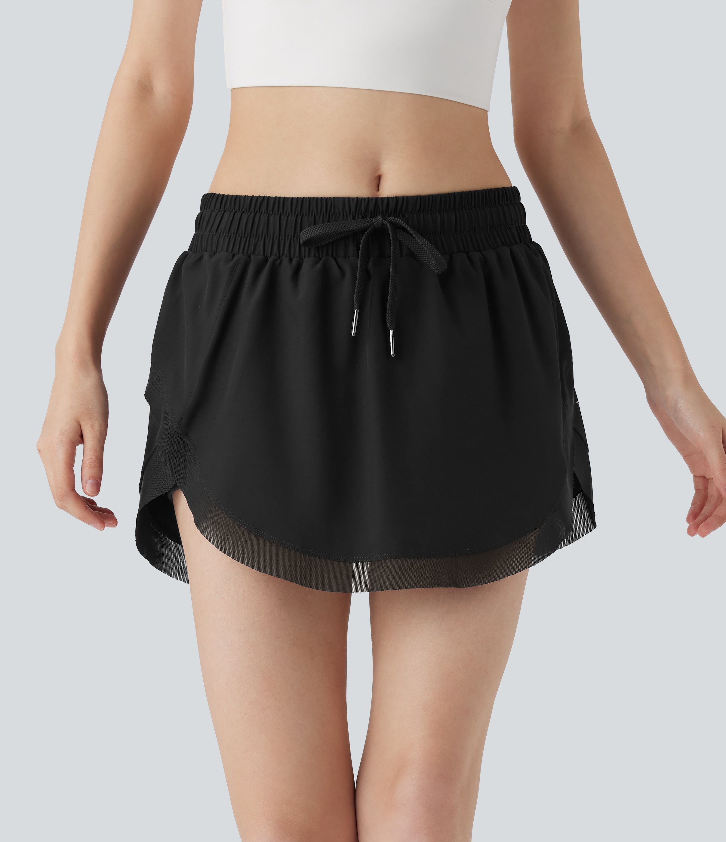 Mid Rise Drawstring 2-in-1 Contrast Mesh Mini Tennis Skirt with Pockets