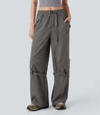 Mid Rise Belted Wide Leg Hiking Cargo Pants with Pockets