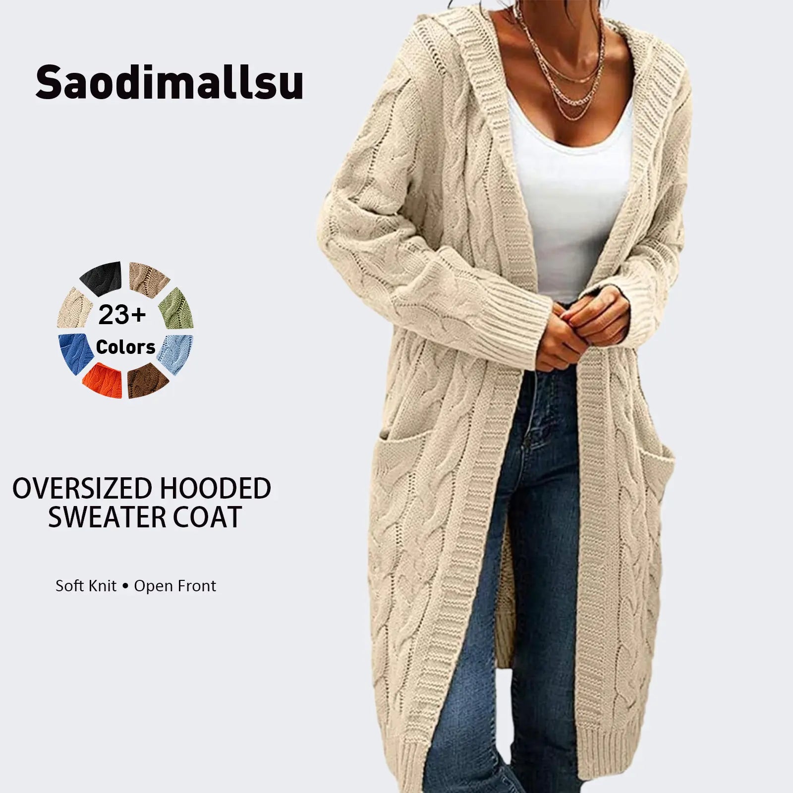 Women's Chunky Cable-Knit Hooded Cardigan Coat - H-Type, Open Front, Baggy Oversized, Acrylic, Long Chunky Knit Sleeves, Stretchy, Knitwear for Work & Casual Wear, All-Season Tops