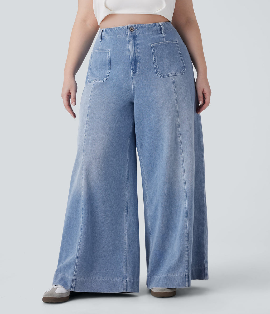 FlexTM High Waisted Pockets Washed Casual Wide Leg Plus Size Jeans