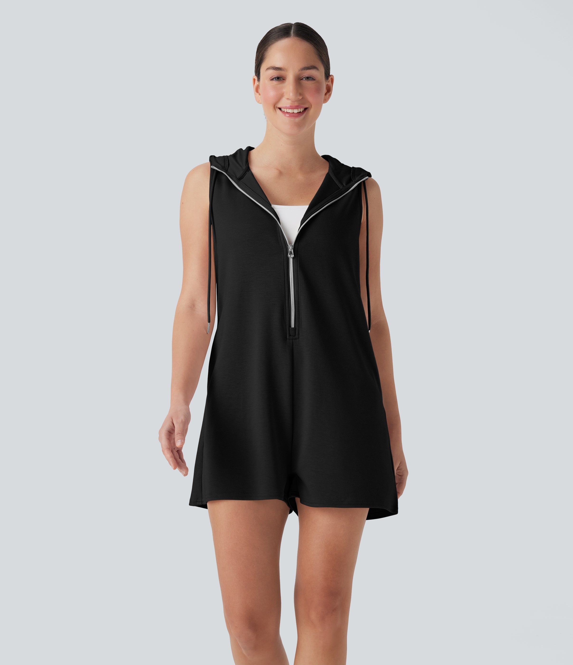 Hooded Sleeveless Zipper Casual Jumpsuit with Pockets