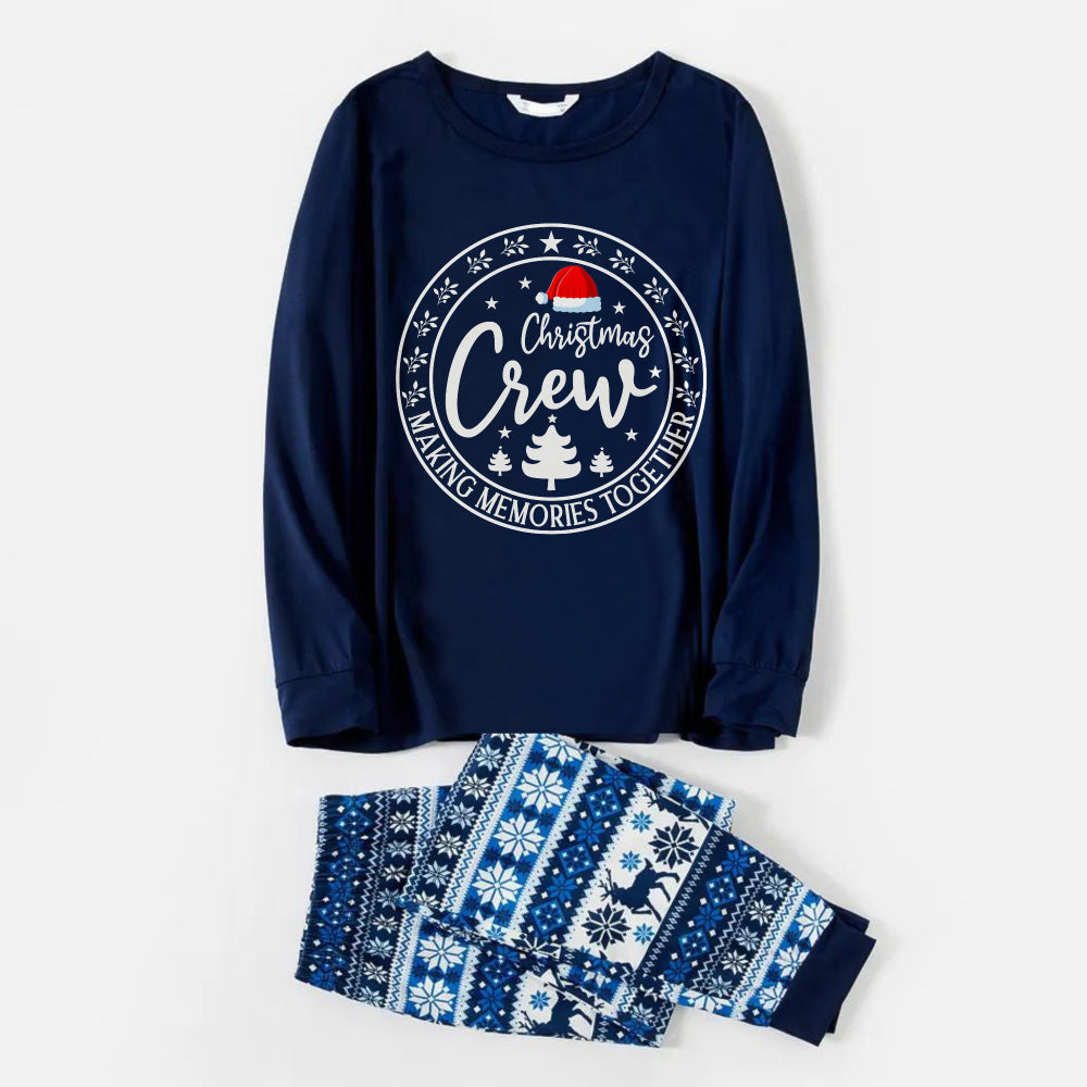 Joyful Blue Christmas Pajamas Set With Santa Hat and "Christmas Crew Making Memories Together" Print
