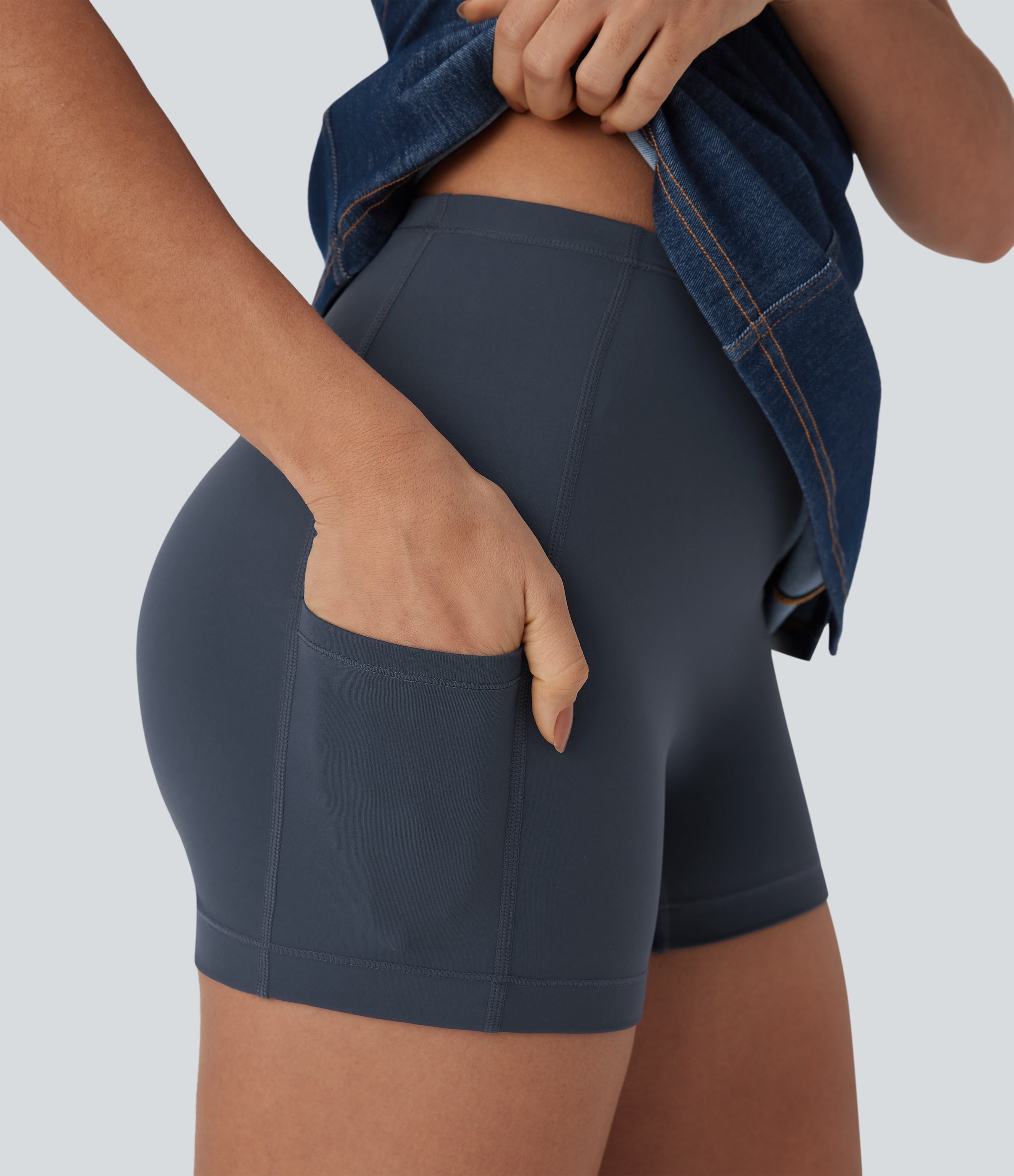 FlexTM Halter Bodycon 2-Piece Cool Touch Washed Denim Mini Tennis Active Dress with Pockets