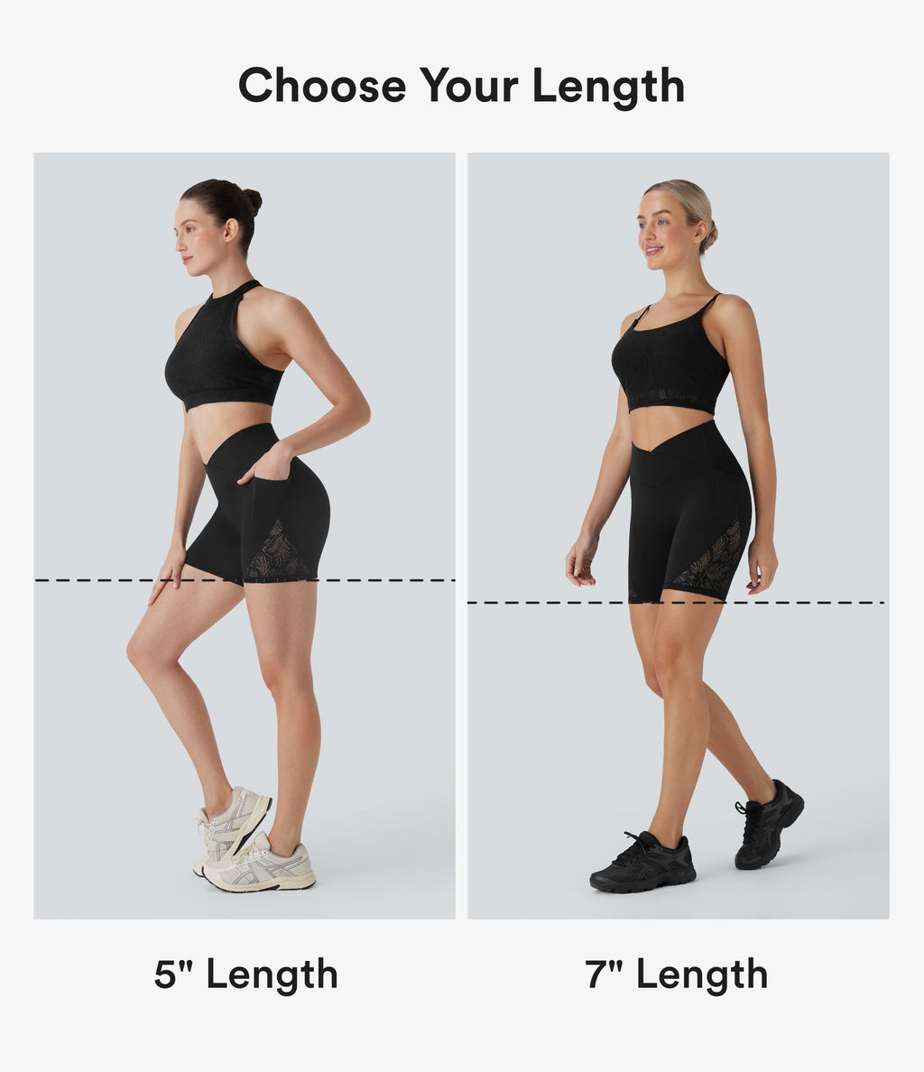SoftlyzeroTM High Waisted Crossover Contrast Lace Yoga Biker Shorts 7'' with Pockets-UPF50+