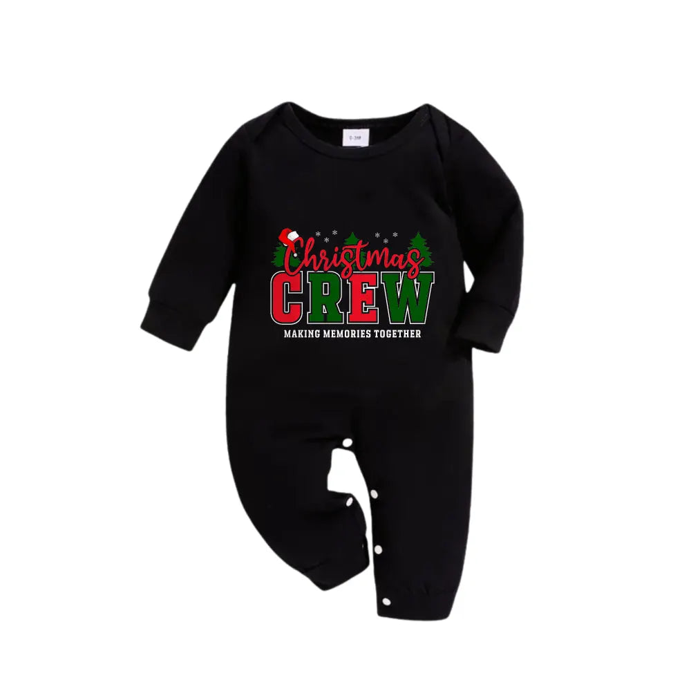 Christmas Family Matching Pajamas-Black Top and Green Plaid Pants Pjs Set with "Christmas Crew Making Memories Together " Slogan Print