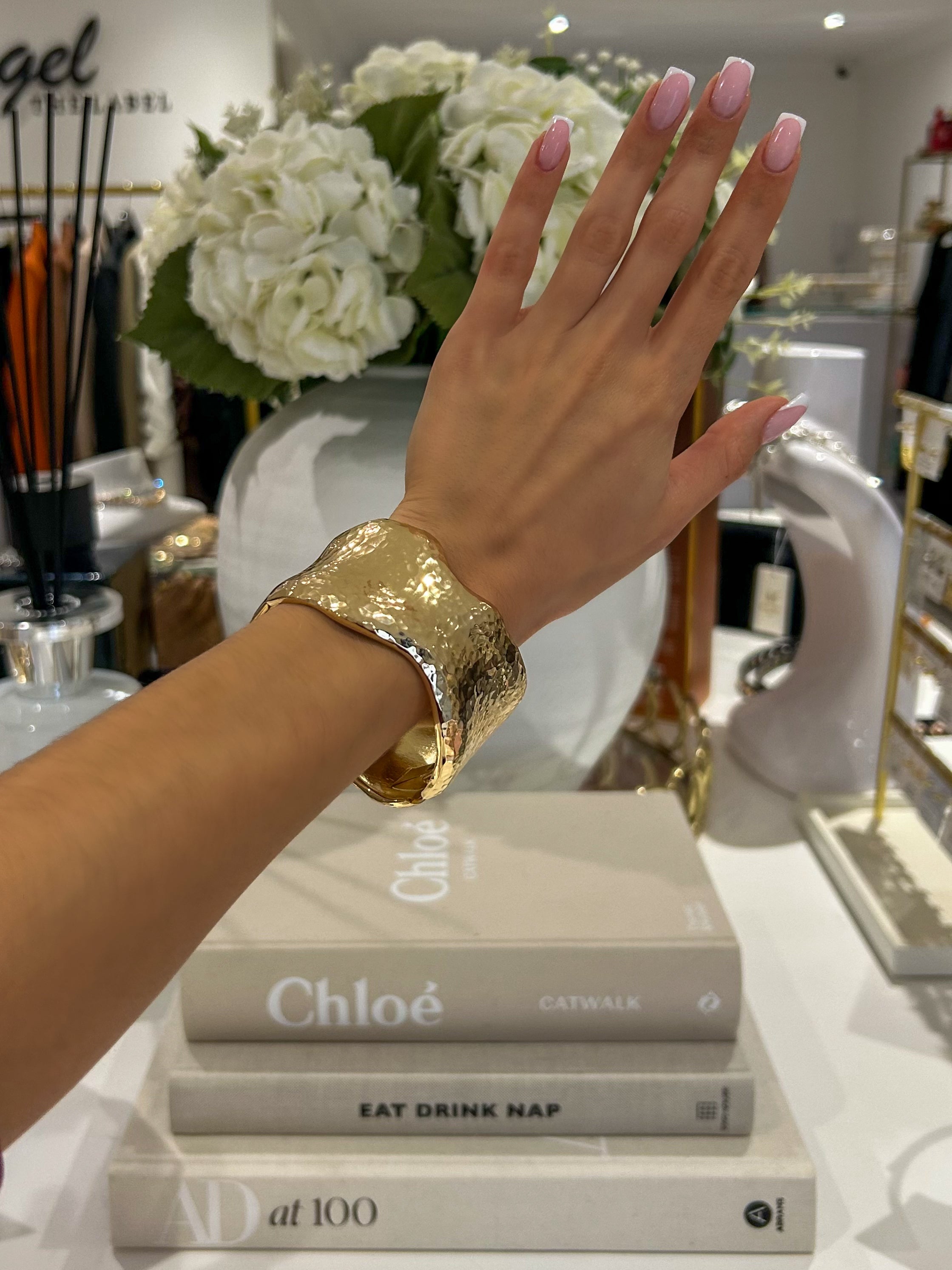 Gold Chunky Ridged Hammered Bangle