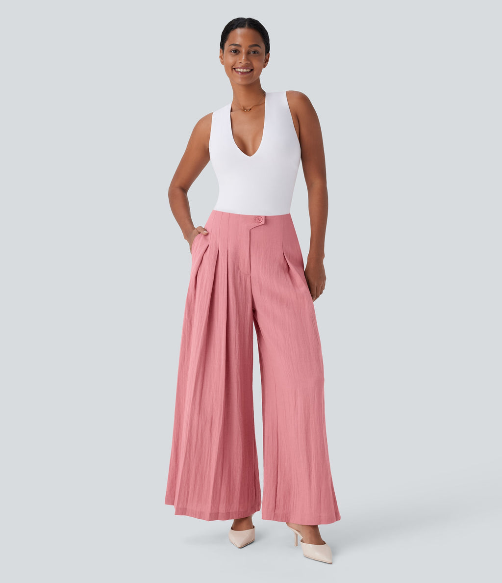 High Waisted Linen-Feel Work Wide Leg Pants with Pockets
