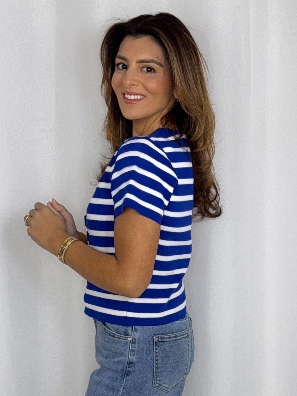 Short Sleeve Stripe Anchor Button Top (2 Colours)