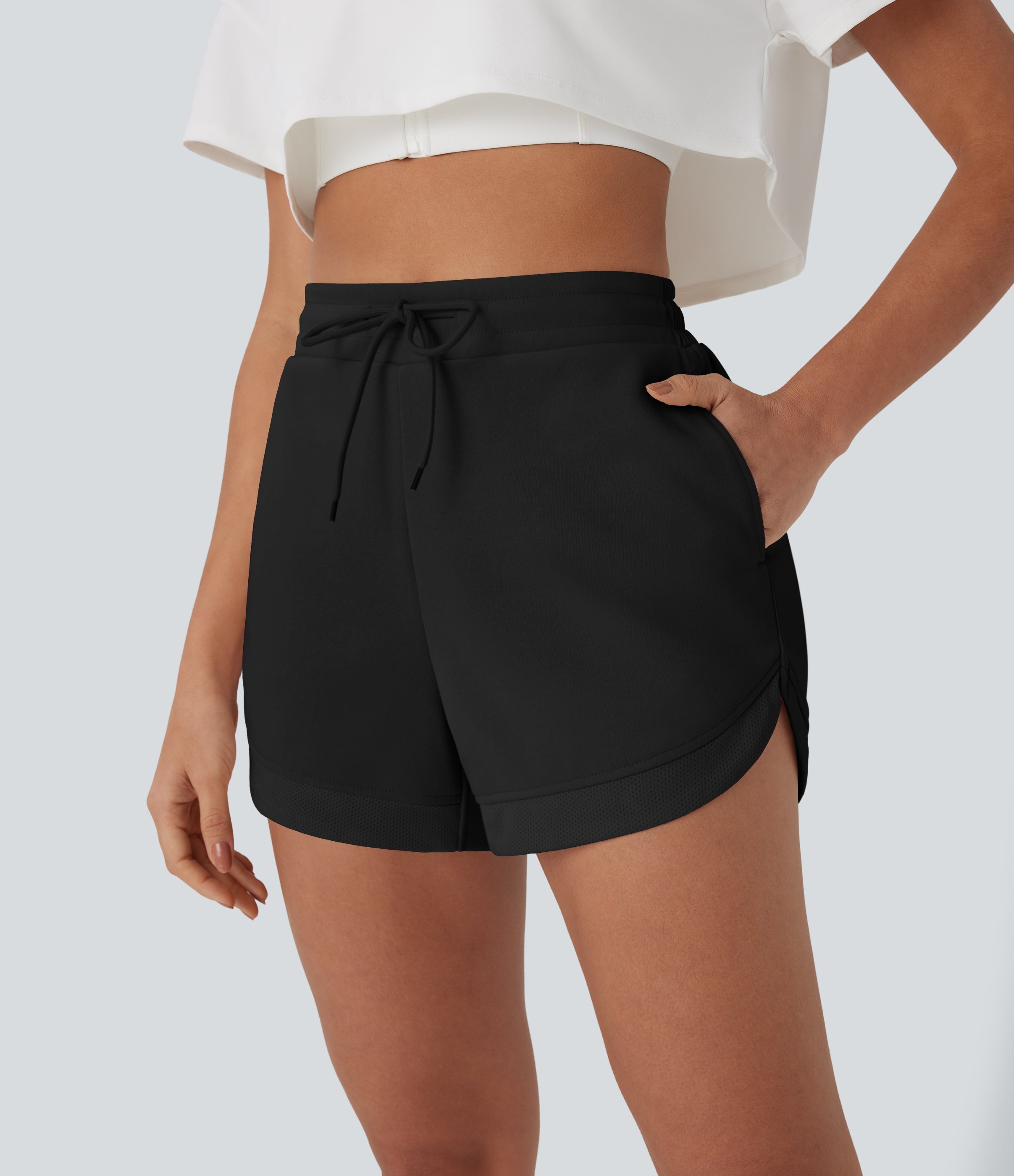 High Waisted Drawstring Contrast Mesh Curved Hem Yoga Shorts with Pockets