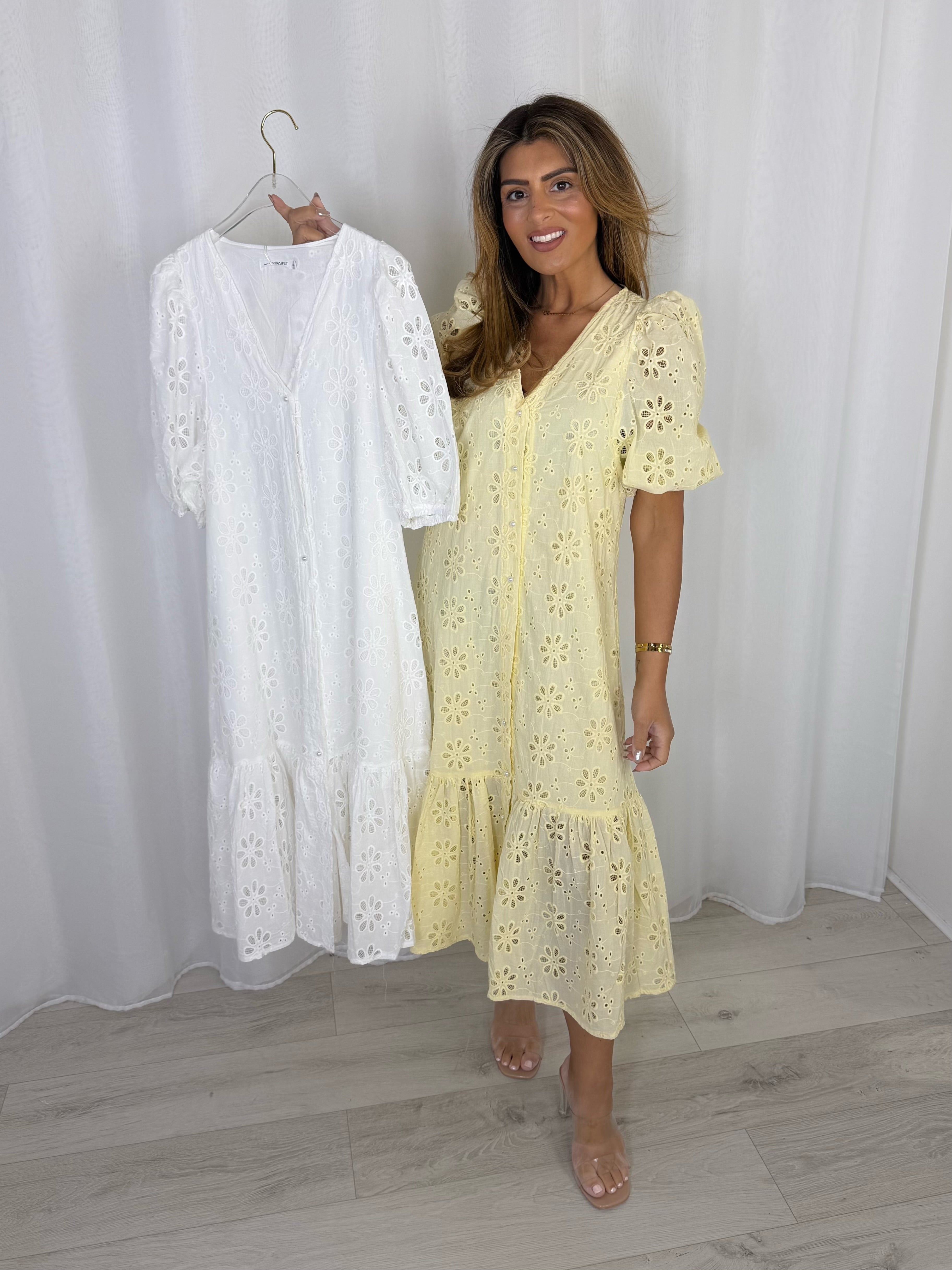 Pearl Button Embroidery Anglaise Maxi Dress (2 Colours)