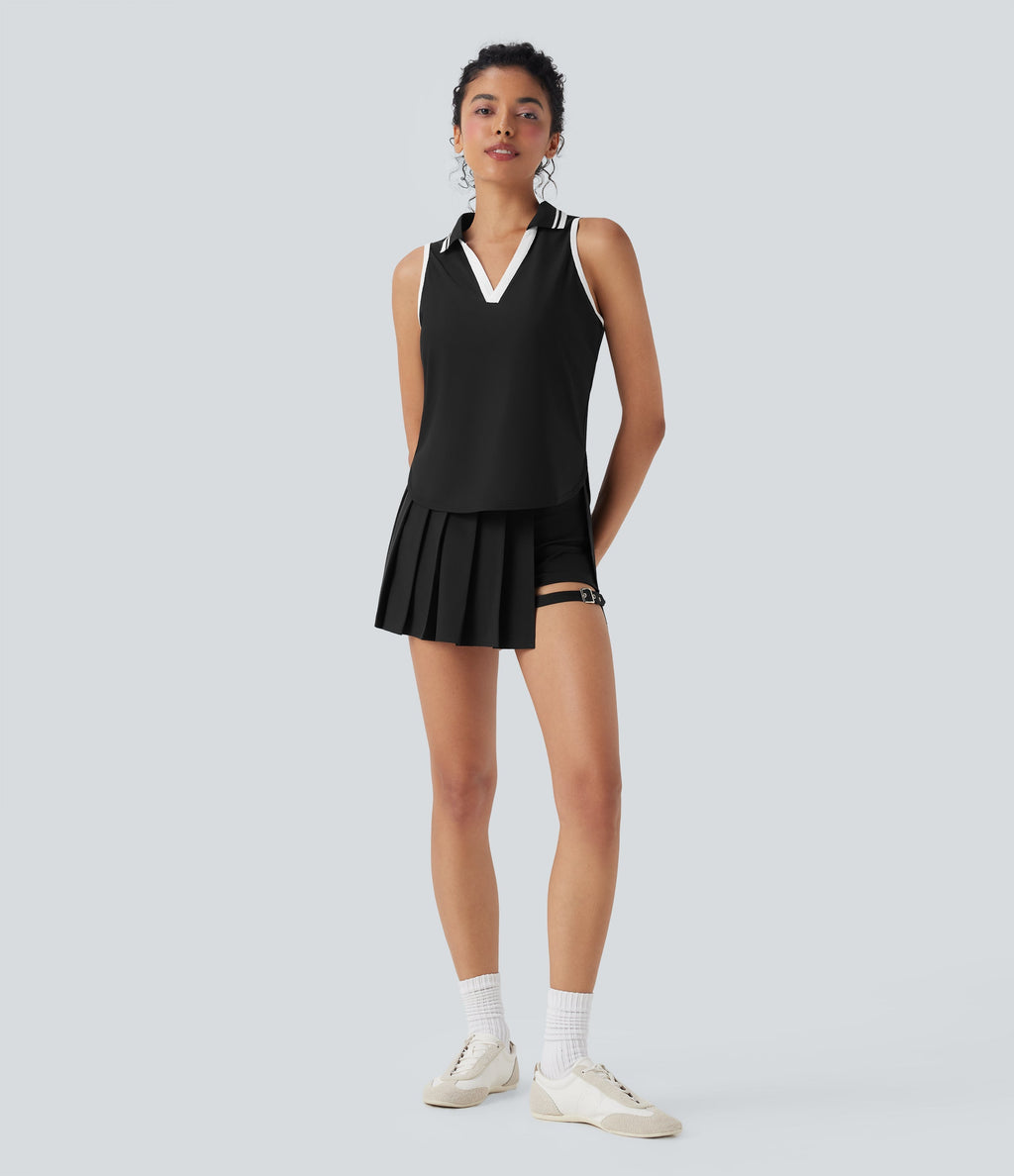 Color Block Polo V Neck Sleeveless Quick Dry Casual Top-UPF50+