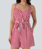 V-neck Snap Belted Stripe Waffle Jumpsuit with Pockets