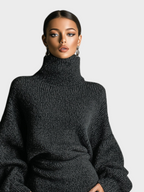 Bettina | Women's Khaki Knitted Midi Dress with High Neck and Oversized Silhouette