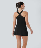 SoftlyzeroTM Airy Halter Cut Out Backless 2-in-1 Cool Touch Mini Yoga Active Dress with Side Pockets-Easy Peezy Edition-UPF50+
