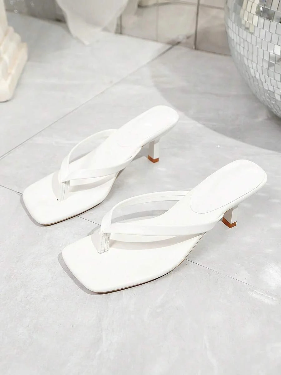Square Toe Wide Foot Thong Sandals With Thin Heel, Versatile Outdoor Wear Thin Heel Thong Flip Flops For Women, Chic & Elegant