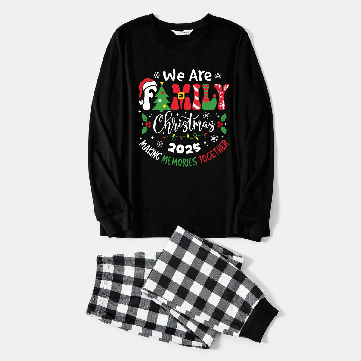 "We are Family 2025 Christmas Make Memories Together" Slogan Print Black Long Sleeve Top with Black And White Plaid Pants Family Matching Pajamas