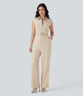 Half Zipper Cap Sleeve Straight Leg Belted Work Linen-Feel Jumpsuit with Pockets