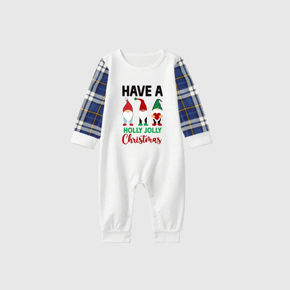 Christmas Family Matching Pajamas-Blue Raglan Top Blue Plaid Pants Pjs Set with Gnome and "Have A Holly Jolly Christmas" Print
