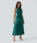Tie Back Ruched Maxi Satin Dress