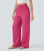 Women Summer High Waisted Drawstring Pocket Wide Leg Casual Linen-Feel Pants
