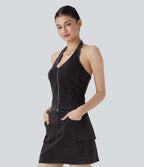 FlexTM Halter Zipper Washed Denim Casual Tank Top