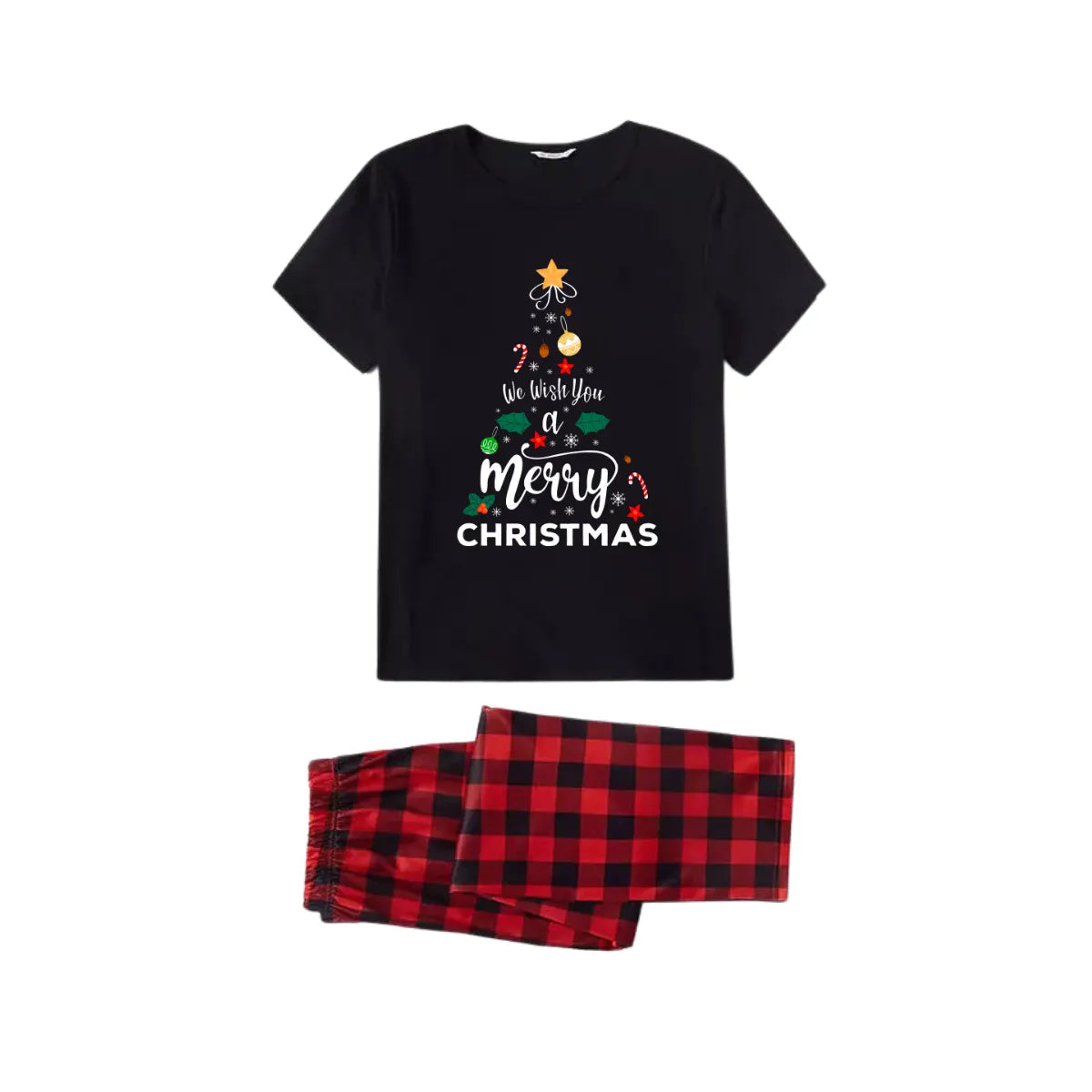We Wish You A Merry Christmas Tree Family Pajamas Set - Black Top Red Pants Red Plaid Pattern Christmas Tree Letter Print