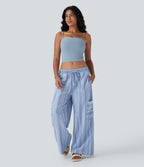 Low Rise Drawstring Wide Leg Stripe Casual Linen-Feel Pants with Pockets
