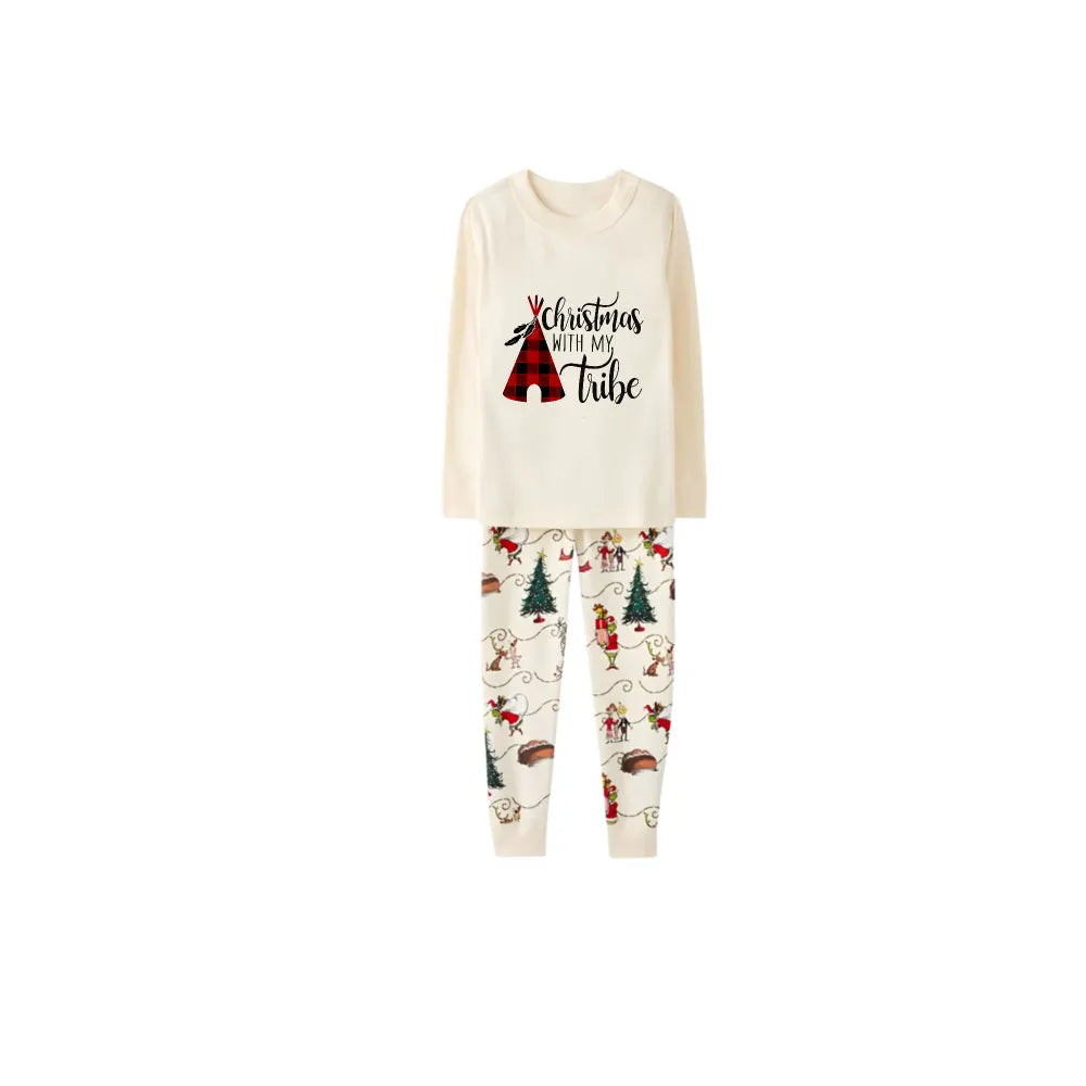 Beige Christmas Pattern Print Christmas Pajamas Set With Christmas Holiday Text Print